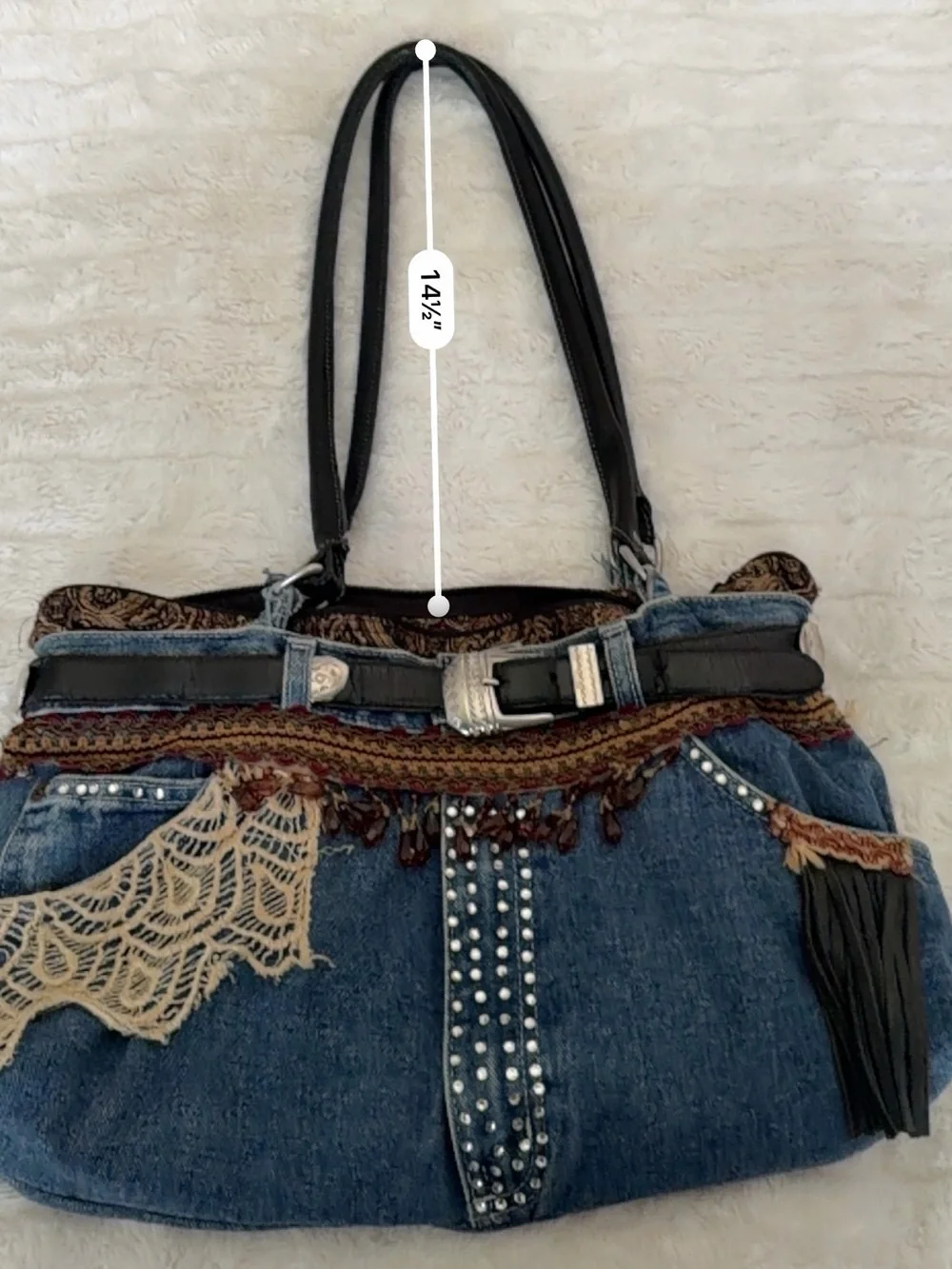 Embellished Denim Tote Bag with Beaded Fringe